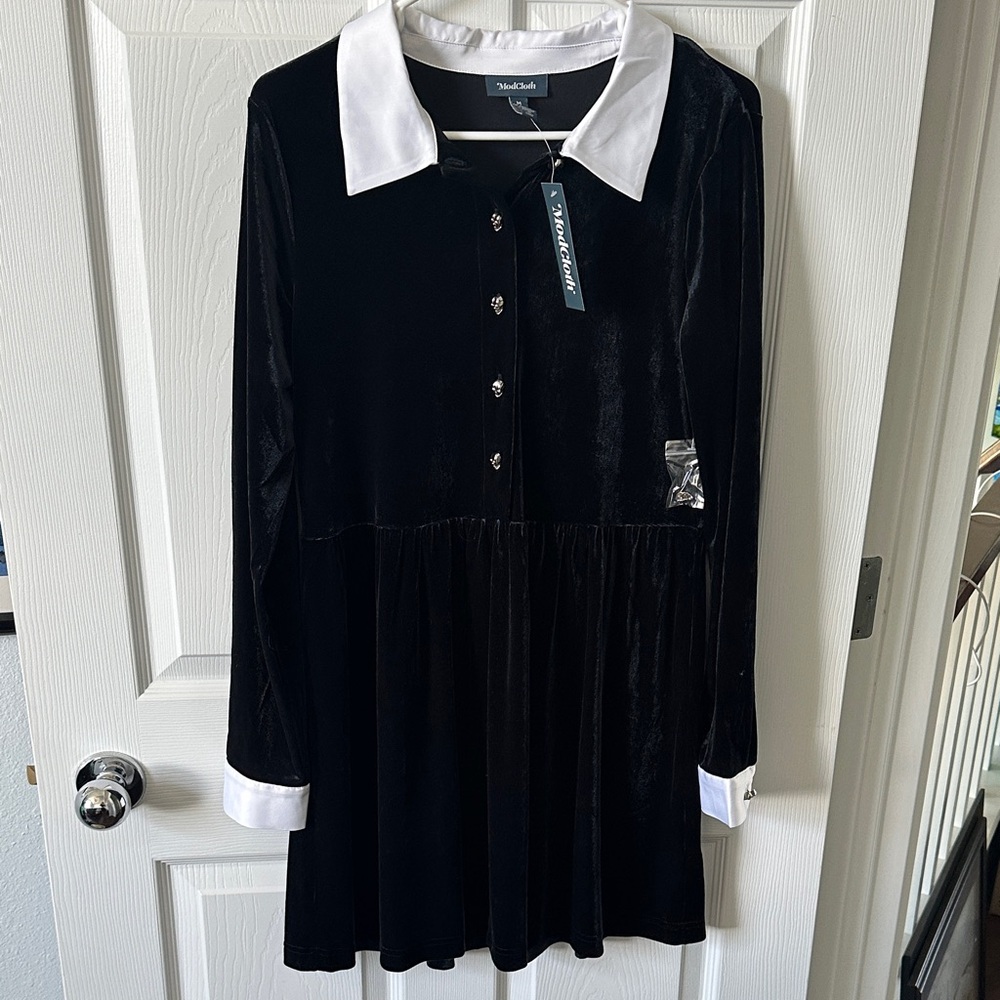 NWT! Modcloth Black Dress with White Collar and Skull Buttons